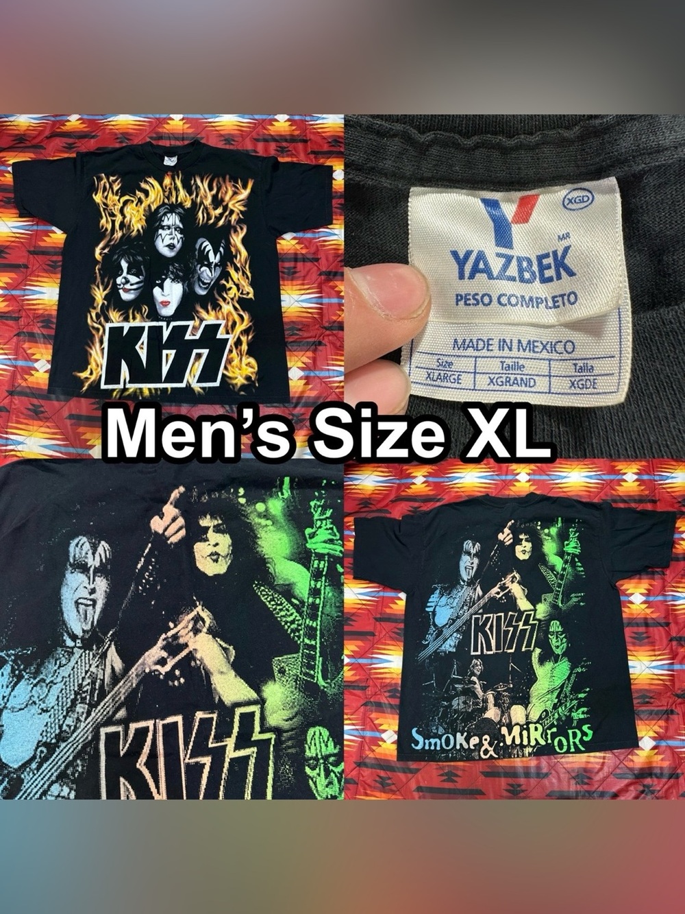Vintage KISS All Over Print Rock Tee Black T-Shirt Smoke & Mirrors Men’s Size XL